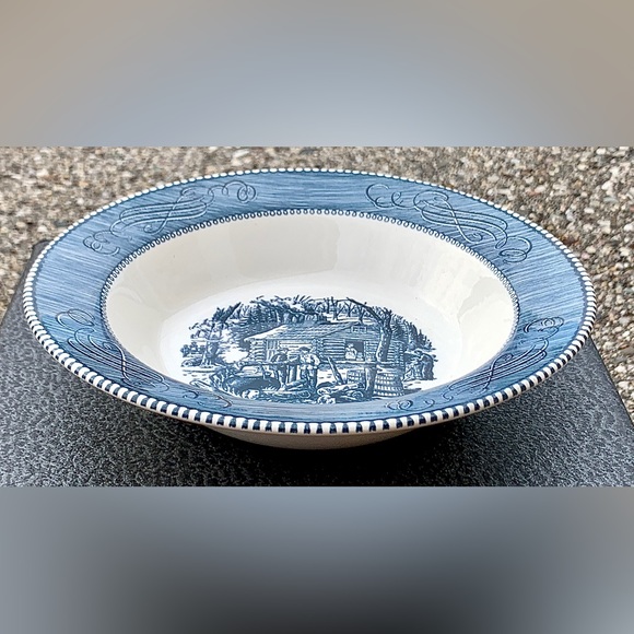 Royal China CURRIER & IVES Blue Scroll MAPLE SUGARING Rimmmed 9” Vegetable Bowl - Picture 10 of 16